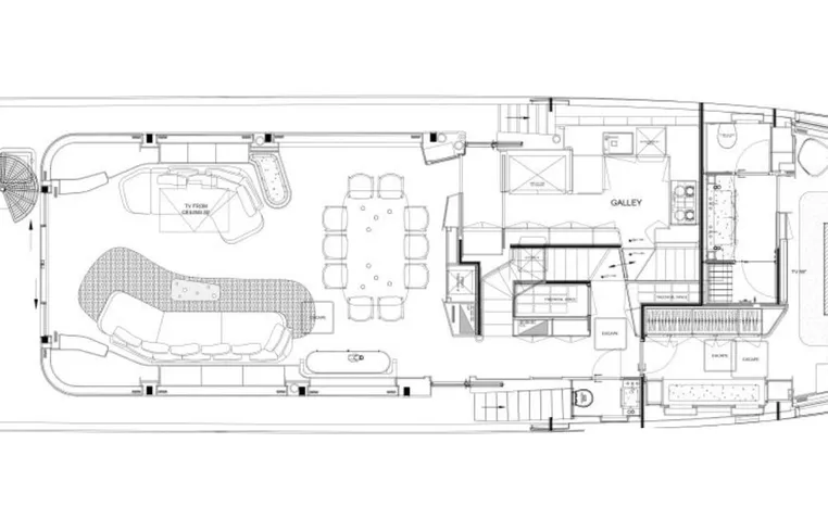 Main deck layout of 2024 Azimut Magellano 30M yacht, featuring spacious living and dining areas.