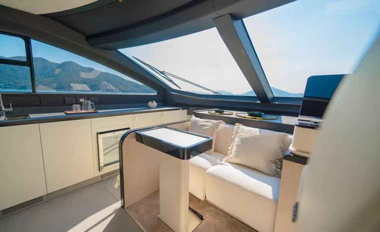 Luxurious interior of 2025 Azimut Fly 78 yacht with modern design and scenic views.