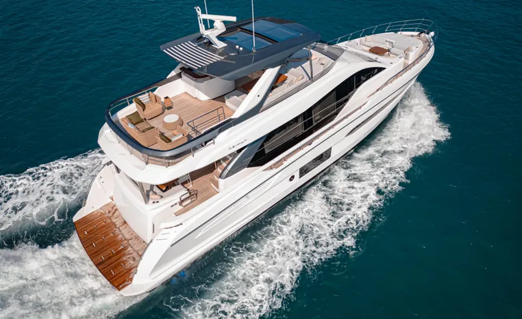 Luxury Azimut Fly 78 yacht cruising on open sea, 2025 model.
